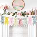 Spring Floral Bow Garland, Pink Gingham Fabric Bow Banner, Vintage Spring Flower Bows Hanging Garland for Mantel Wall Decor, Garden Floral Baby Shower, Birthday, Wedding, Flower Tea Party Decorations