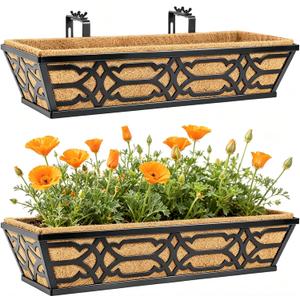 2 Pack 30 Inch Railing Planter Boxes with Coco Liner, Large Metal Window Boxes Planters for Deck Railing, Extra Wide Hanging Horse Trough for Outdoor Plants and Balcony Rails