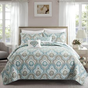 Home Soft Things Tivoli Ikat Queen Size 90" x 90" 5 Piece Teal Aqua Printed Prewashed Quilted Coverlet Bedspread Bed Cover Set for All Season, Lightweight Quilt Blanket with Matching Shams Pillows