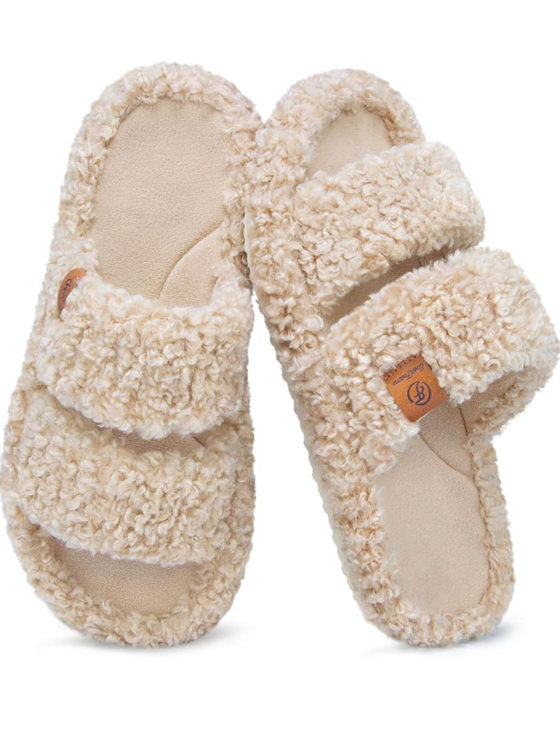 EverFoams Womens Fuzzy Open-toe Slippers Soft Comfy Memory Foam Indoor House Shoes Vintage Khaki, 7-8 US