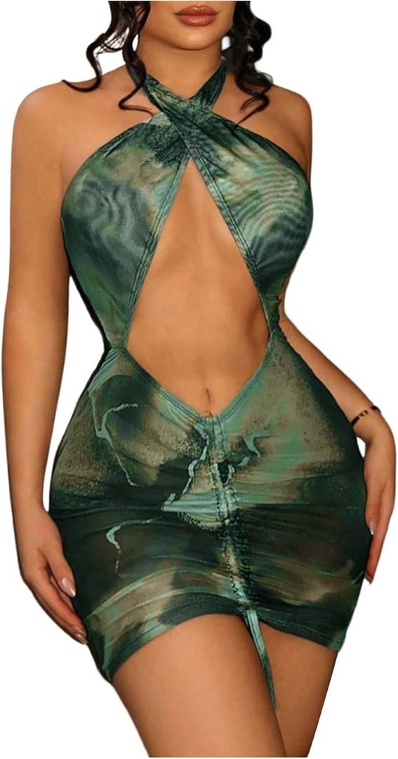 SweatyRocks Women's Cut Out Tie Dye Halter Dress Criss Cross Sleeveless Bodycon Mini Dresses (S)