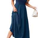 Womens Summer Dresses 2025 Casual Puff Short Sleeve Crewneck Smocked Flowy Ruffle Boho Beach Party Maxi Sundress Medium