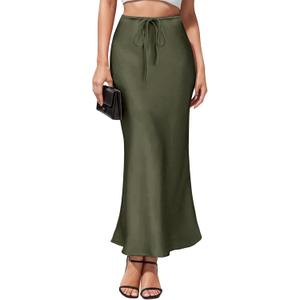 Women's Maxi Skirts Satin Drawstring High Waisted Silk Elegant Flowy Casual A-Line Long Skirt for Women (Green, S)