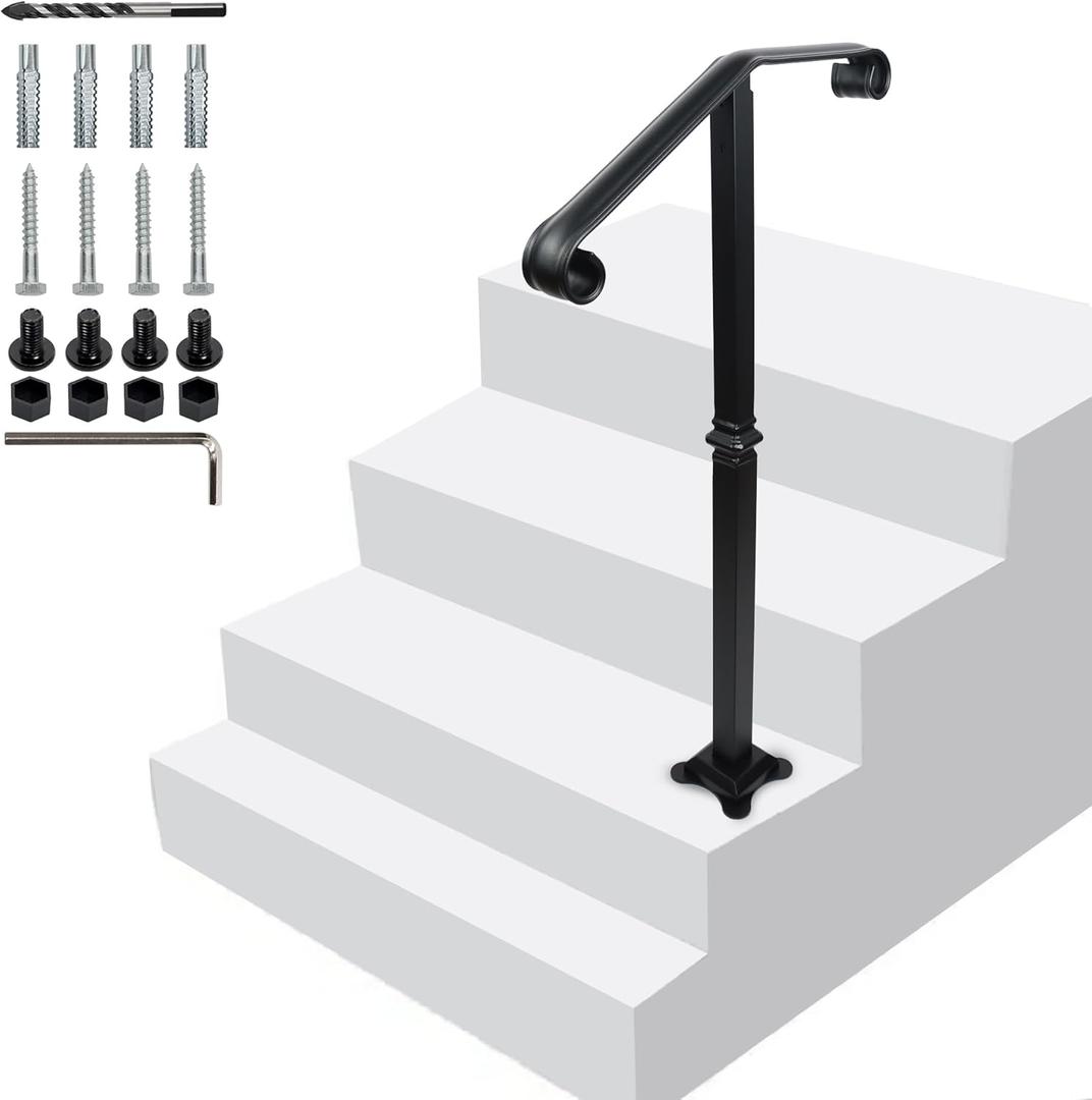 Handrail Railing, Single Post Handrail, Stair Railing for Concrete,Sturdy Handrails with Base, Mountable Iron Stair Handrail for 1 or 2 Steps, Grab Rail for Steps Porch, Railings for Outdoor Step