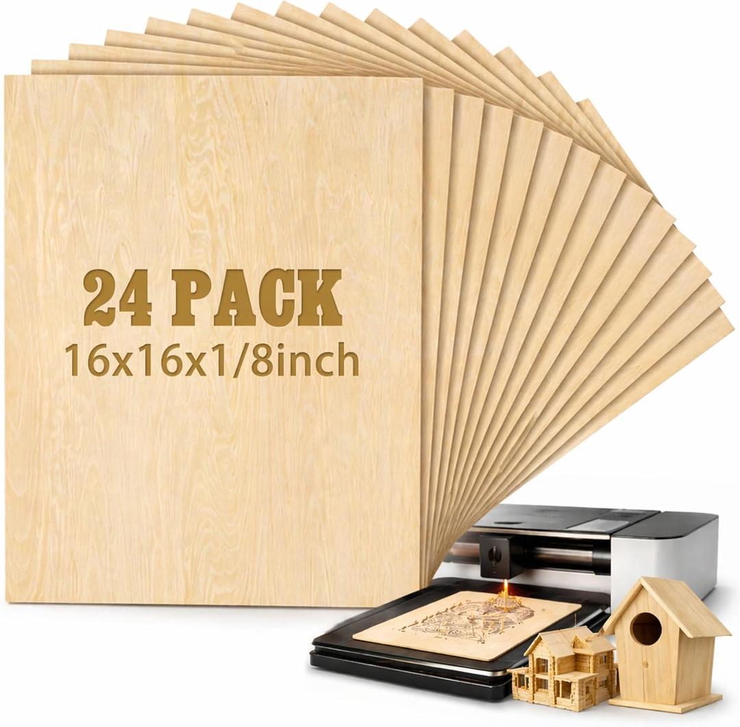 Juexica 24 Pcs 16" X 16"x 1/8" Basswood Craft Sheets, 3mm Plywood Board Wood Thin Sheets for Arts Crafts Woodworking Scroll Sawing Projects Painting Drawing Laser Cutting Projects