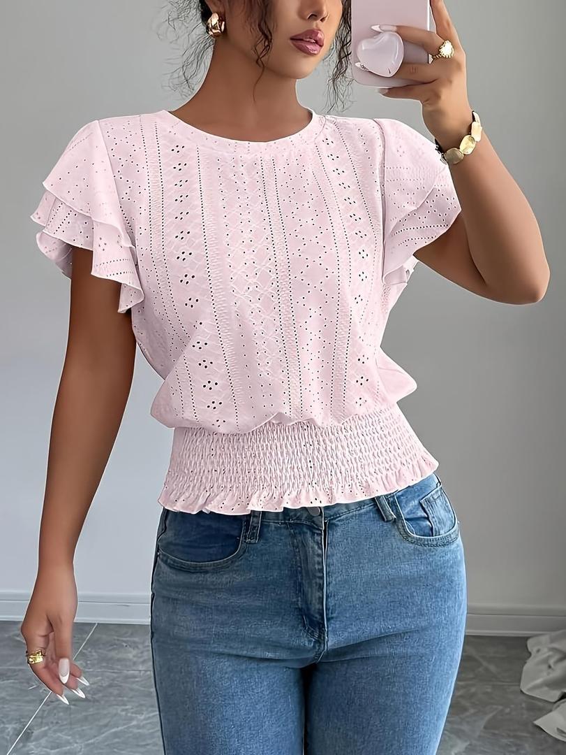 Women's Eyelet Embroidered Smocked Waist Top | Ruffle Short Sleeve Round Neck Casual T-Shirt 2026 Fashionable Clothing. (5X-Large, Pink)