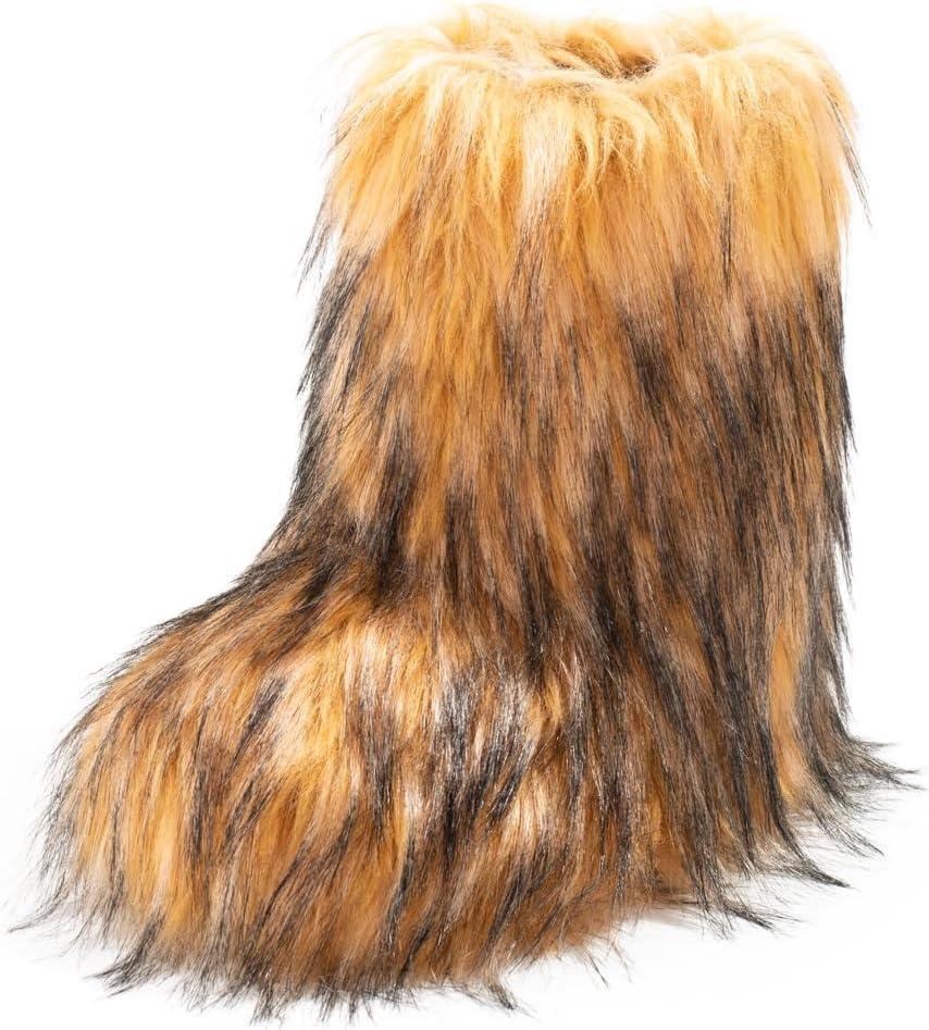 IXU Women's Faux Fur Boot Furry Fluffy Round Toe Suede Snow Winter Women Boots Comfy Plush Warm Short Outdoor Indoor Flat Shoes Mid-Calf Boots (7, Brown)