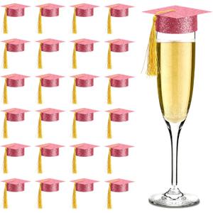 MotiMind 60 Pcs 2026 Mini Graduation Cap with Tassels Small Grad Hat Drink Topper Decoration for Champagne Flutes Wine Glasses or Cupcake for Grad Prom Party Push Pops Supplies(Pink)