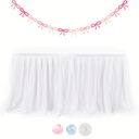 Phantomon 6ft Tulle Table Skirt for Baby Showers Ruffle Tutu Tablecloth for Rectangle or Round Tables, Desk Skirt for Birthday Party, and Dessert Table Decorations with Bow Banner Set (White)