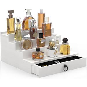upcessory Cologne Organizer for Men, 4 Tier White Wood Perfume Organizer with Felt Lining Drawer and Hidden Compartment, Perfume Display Holder, A Gift for Men