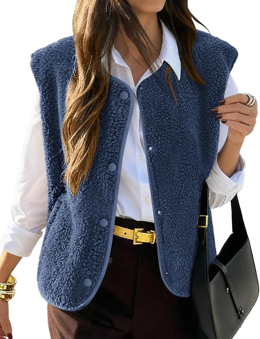 KIRUNDO Women's Fall Winter Fleece Vest 2025 Trendy Sleeveless Sherpa Jacket Button Down Open Front Fuzzy Warm Outerwear (Blue, XL)