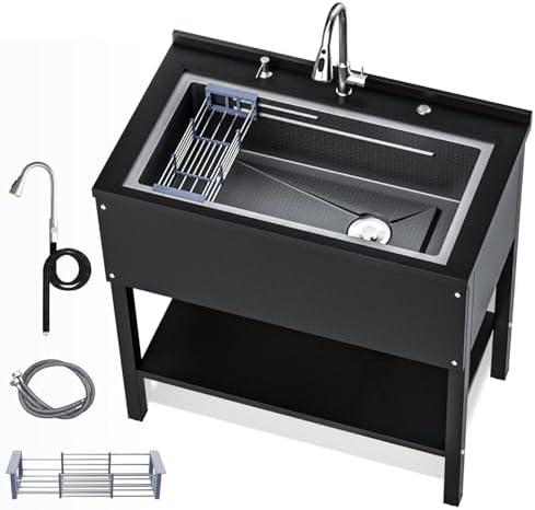 36" Freestanding Utility Sink, Heavy Duty Stainless Steel Laundry Room Sink for Garage, Outdoor Kitchen or Workshop, Modern Black Basin with Hot & Cold Water, Indoor/Outdoor Use (Black)