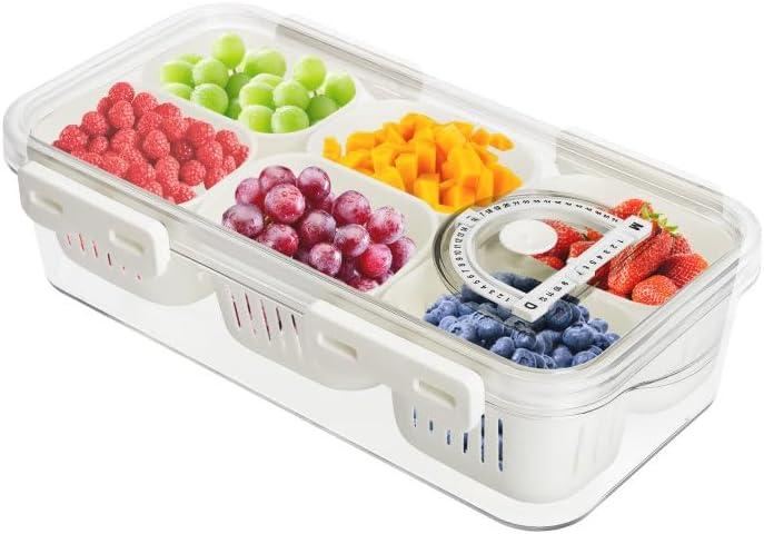 Divided Serving Tray with Lid, Snackle Box Charcuterie Container 6 Compartments Drainable Veggie Tray For Fridge, Divided Snack Tray for Party, Travel, Picnic, 2 Pack