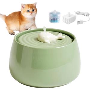 Ceramic Cat Water Fountain, 45oz/1.3L Porcelain Cat Water Dispenser, Automatic pet Water Fountain with Ultra-Quiet Pump, Perfect for Cats and Small Dogs, Cute Design (Green)