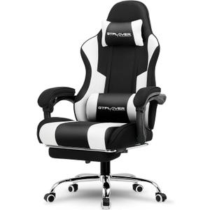 GTPLAYER Gaming Chair, Computer Chair with Footrest and Lumbar Support, Height Adjustable Game Chair with 360-Swivel Seat and Headrest and for Office or Gaming (Fabric, Black White), Seat Size: 19.68 x 20.47 inches