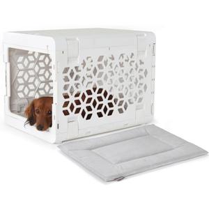 KindTail PAWD Collapsible Puppy and Dog Crate + Washable Bed - Stylish Pet Kennel with Comfortable Pad - Safe Indoor Set - Lightweight, Compact & Portable for Travel - Small White