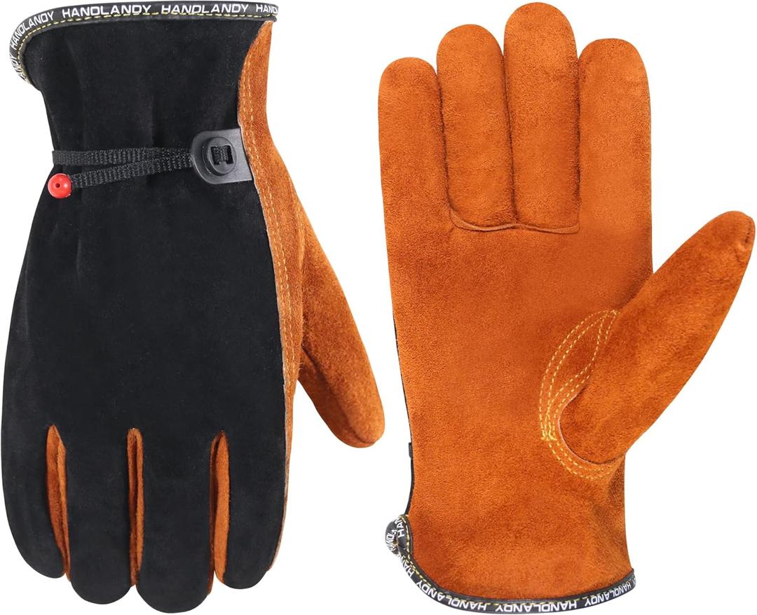 HLDD HANDLANDY Leather Work Gloves for Men & Women, Adjustable Wrist Cowhide Gardening Glove with Reinforced Palm for Driver (Medium, Black-coffee)
