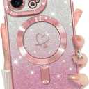 Bonoma Compatible with iPhone 14 Pro Max Case Support for MagSafe, Plating Heart Glitter Magnetic Case 2* Screen Protector TPU Camera Protection Back Cover for Girls Women -Pink