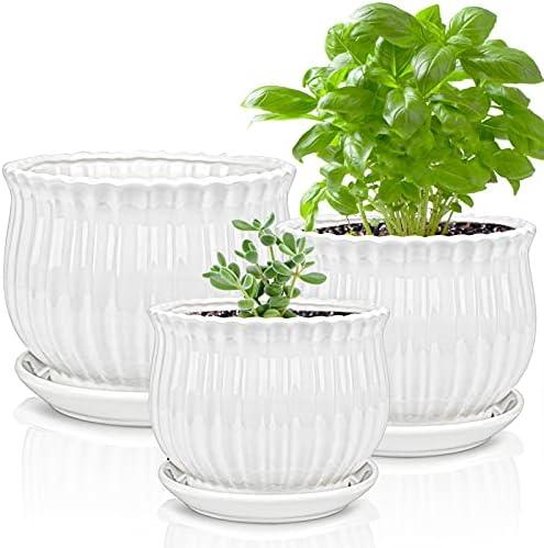 Yesland Ceramic Flower Plant Pots with Saucer, Set of 2 in Different Sizes, Modern Round Ceramic Succulent Planter Pots with White Stripe Texture for Garden