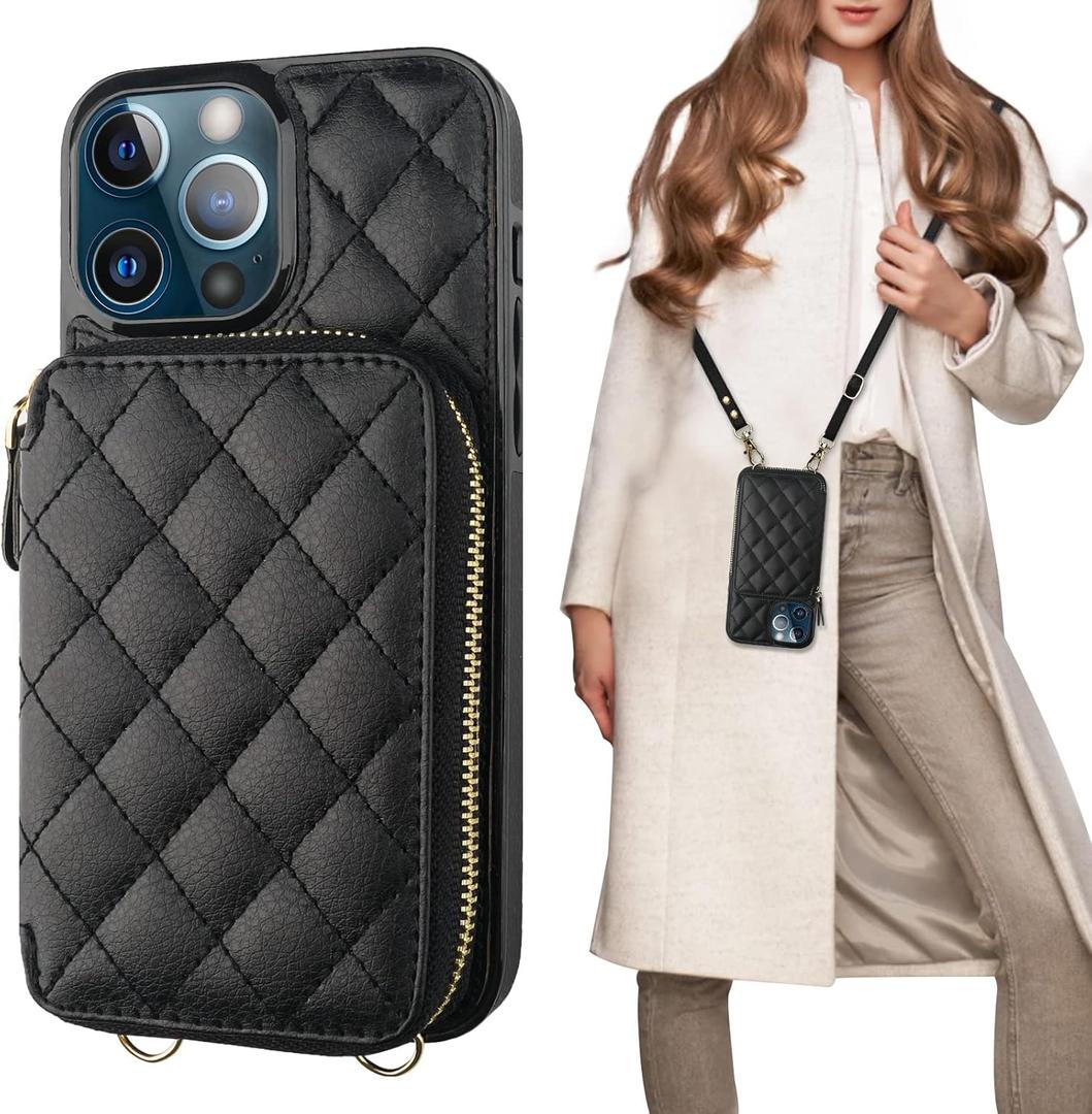 Bocasal Crossbody Wallet Case for iPhone 13 Pro Max, RFID Blocking PU Leather Zipper Handbag Purse Flip Cover, Kickstand Folio Case with Card Slots Holder Wrist Strap Lanyard 5G 6.7 Inch (Black)