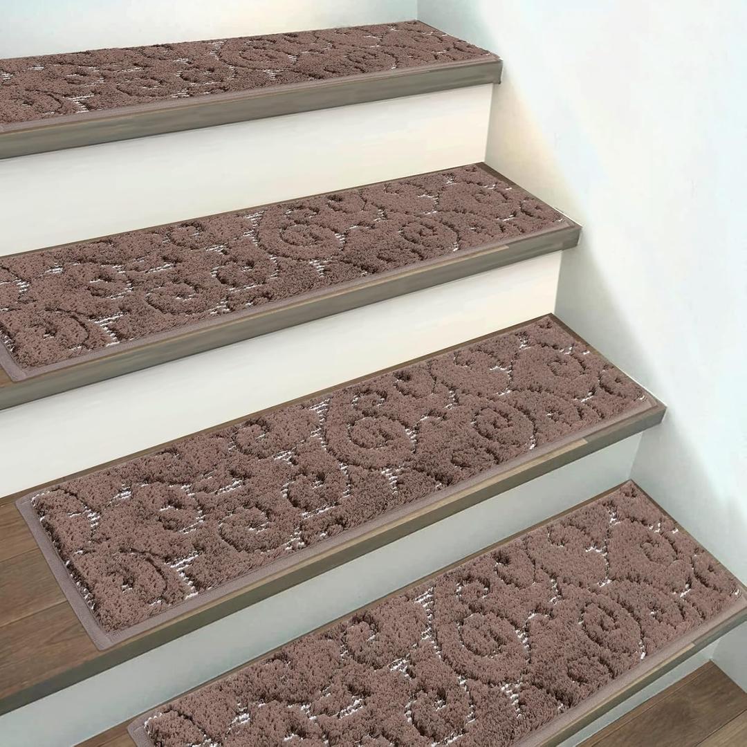 HEBE Carpet Stair Treads Non Slip 15 PCS 8" X 30" Edging Stair Runner for Wooden Steps Indoor Self Adhesive Stair Rugs Runners Reusable Staircase Step Treads Mat for Kids, Elders, Pets
