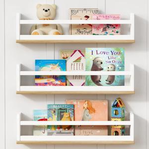 Upgraded Kids Bookshelf Wall Mounted, 24 Inch Long Floating Nursery Book Shelves for Wall, White and Natural Wood Baby Toddler Child Hanging Bookshelves for Kids Room Bedroom (Set of 3)
