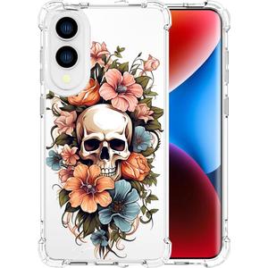 Compatible with Samsung Galaxy S25 Edge Cases with Design, Cute Transparent Designer Phone Case for Women Girls Girly with Heavy Duty Protective Bumper (Clear Skull & Flowers)