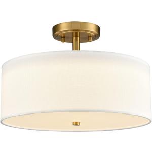 Dimmable Gold Semi Flush Mount Ceiling Light with Drum Shade Ceiling Light Fixture 30W 3000K/4500K/5500K Brass LED Flush Mount Light for Bedroom Hallway Living Room, 15-Inch