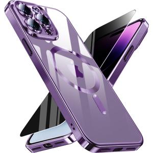 Magnetic for iPhone 14 Pro Max Case with Privacy Screen Protector & Full Camera Cover, [Non-Yellowing] Plating Glossy Soft Shockproof Clear Phone Case with MagSafe Women Girls for 14 ProMax, Dark Purple