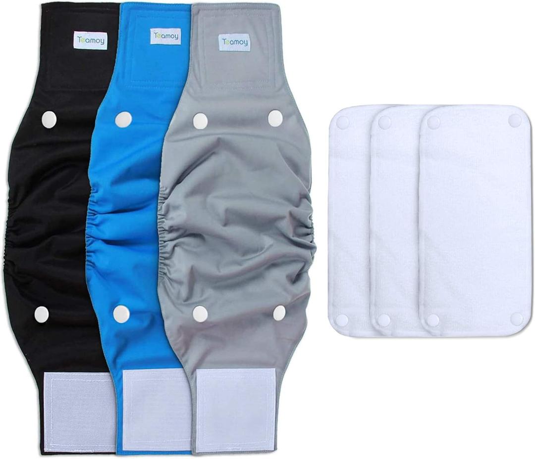 Teamoy Belly Bands for Male Dogs with Removable Pads, Reusable Washable Puppy Dog Diaper Wraps(Pack of 3), L1 (Gray+black+blue(white Lining))