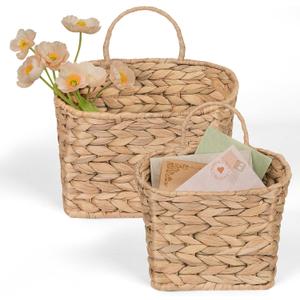iEGrow Set of 2 Hanging Basket, Wicker Wall Basket Natural Water Hyacinth, Hanging Baskets for Organizing and Decor, Storage Baskets for Door Mounted Entryway Flower Mail Plant Garden