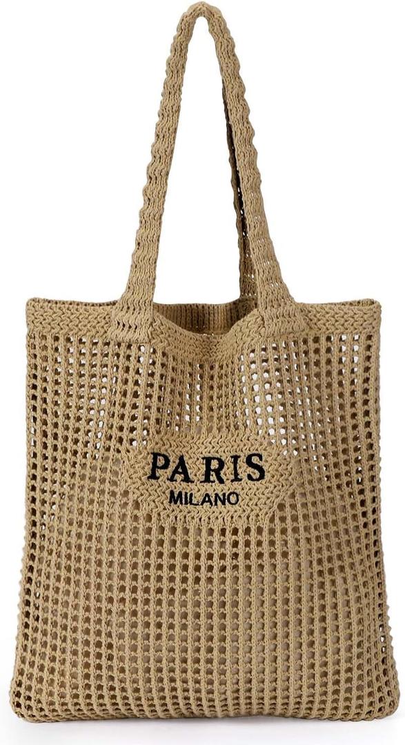 Ayieyill Crochet Tote Bag For Women, Crochet Mesh Beach Tote Bag Summer Vacation Aesthetic Boho Knit Bag for Women (G/Brown)
