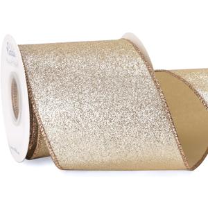 Champagne Crushed Velvet Wired Ribbon 4 Inch Extra Wide Christmas Ribbon with Gold Diamond Lattice Glitter, 10-Yard Roll for Christmas Tree, Wreaths, Bows & Elegant Holiday Décor