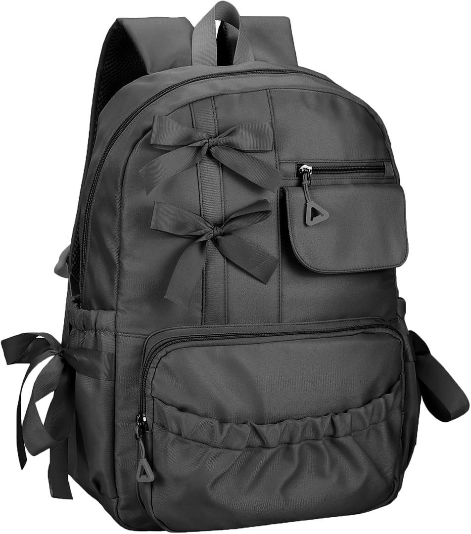 Phaoullzon Girls Backpack with Bow for School Kids Coquette Bookbag Kawaii Dance Bag (Black)