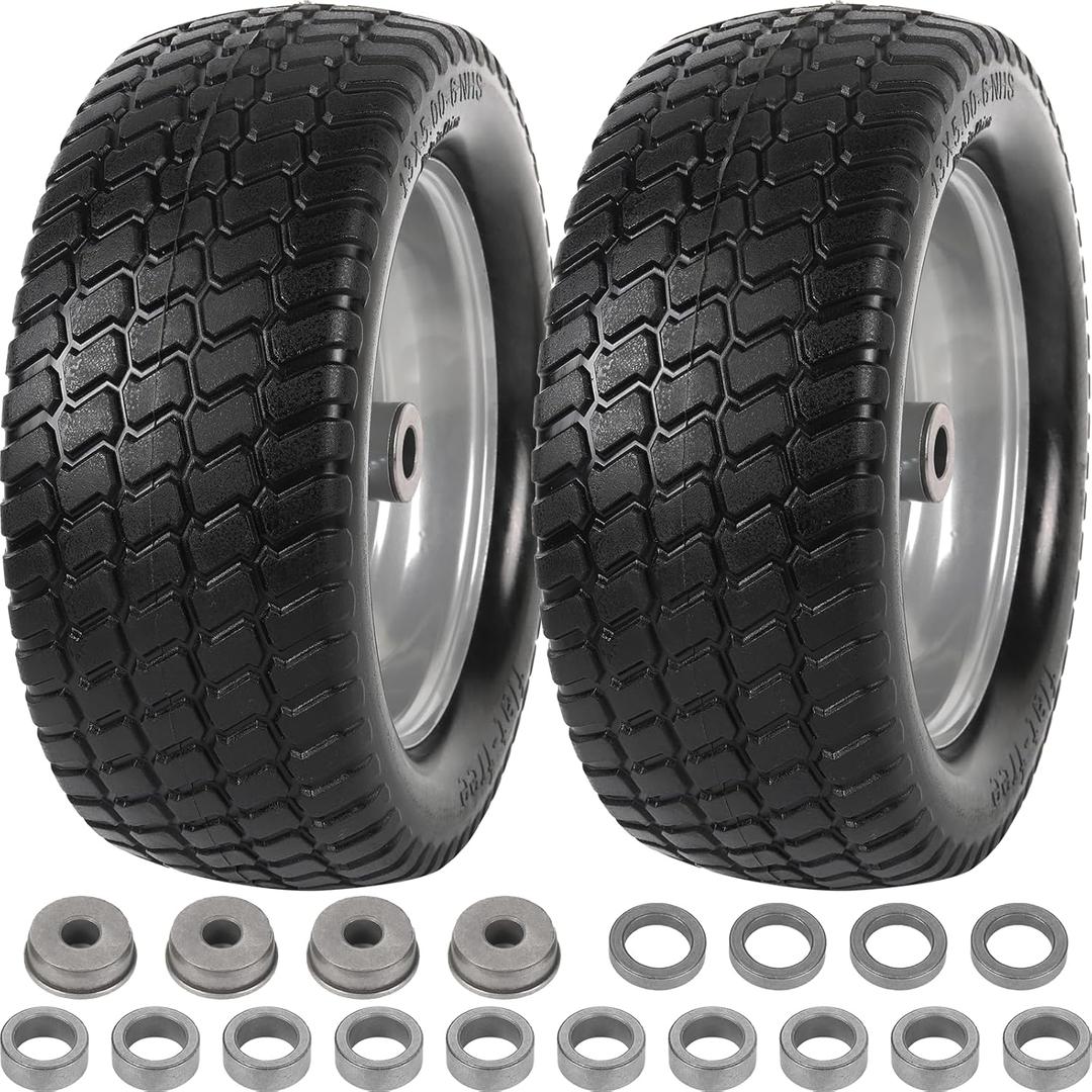 AR-PRO (2-Pack) 13x5.00-6 Flat Free Tire and Wheel - Replacement 13x5-6 Solid Rubbe Riding Lawn Mower Tire with Rim - With 3"-5.7" Centered Hub and 3/4" Bushings- Fit for Lawn and Garden Turf mowers