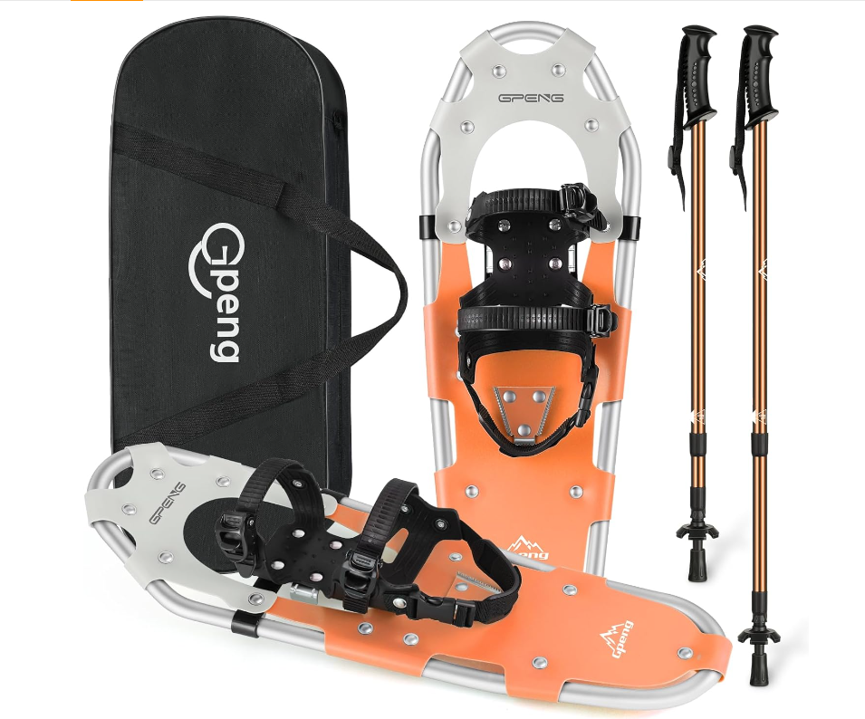 Gpeng Snowshoes for Men Women Youth Kids, Light Weight Aluminum Snow Shoes with Trekking Poles, Crampon Protector and Carrying Tote Bag (Orange, 21 inch)