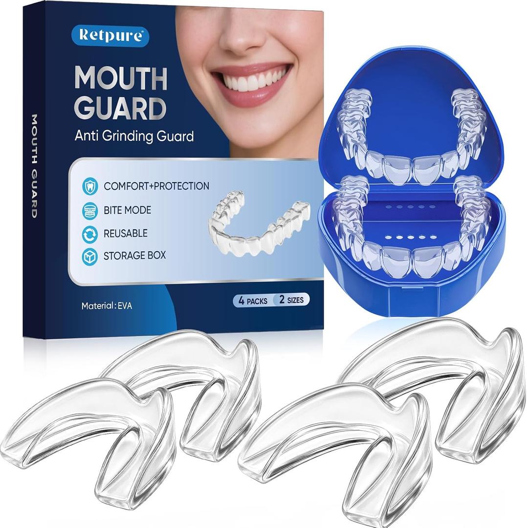 Anti Grinding Guard, Mouth Guard for Clenching Teeth at Night, Mouth Guard for Sleeping, Comfortable & Reusable Adult Night Guards for Teeth Grinding, Includes 4pcs & 1 Travel Case