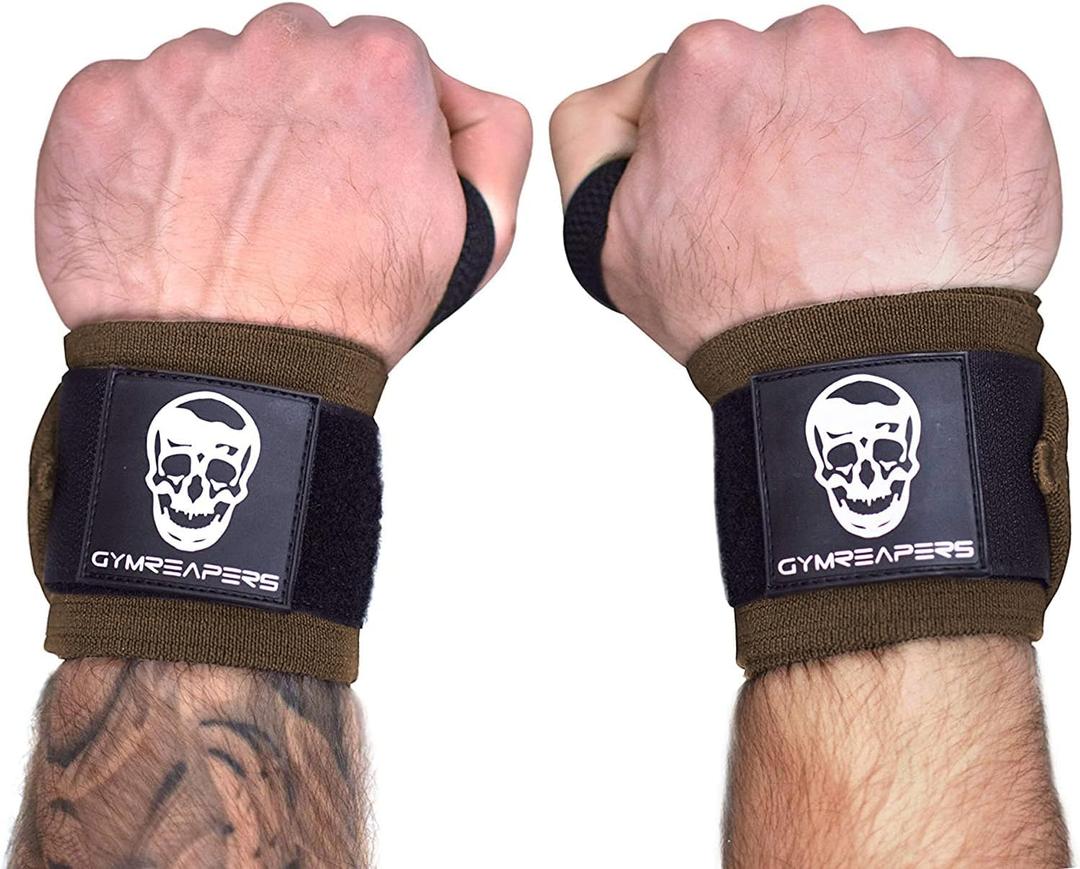 Wrist Wraps Weightlifting - Stiff Heavy Duty 18 inch Wraps With Thick Thumb Loop For Powerlifting, Bodybuilding, Cross Training, & Heavy Presses (Khaki)