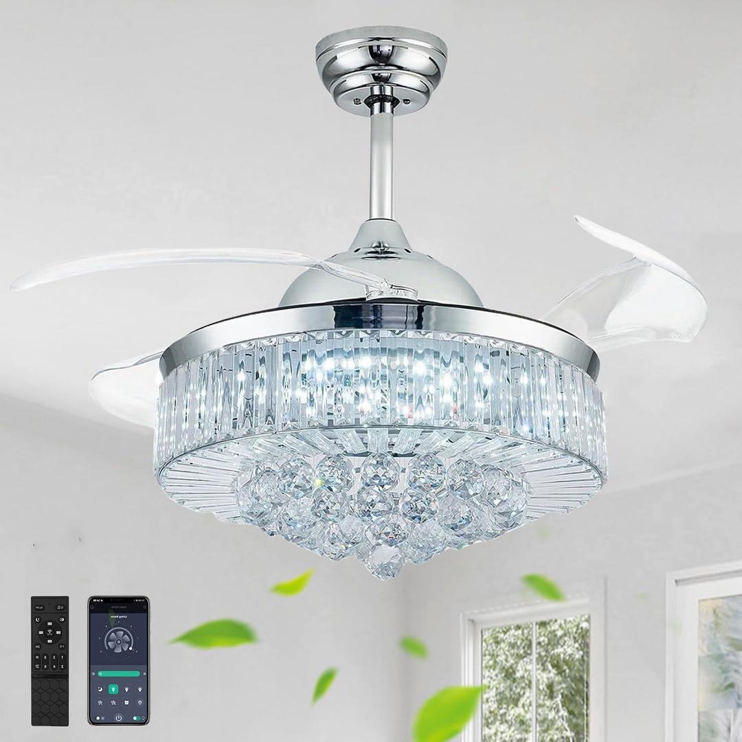 42'' Fandelier Ceiling Fans with Light, Chandelier Ceiling Fan, Retractable Ceiling Fan for Bedroom, Living Room, 3 Color Change, LED Dimmable, 6 Speeds, Reversible DC Motor- Chrome