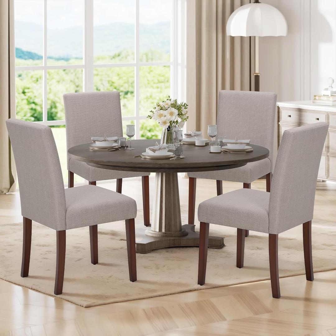 Upholstered Parsons Dining Chairs Set of 4, Modern Dining Room Chairs with Back, Fabric Kitchen Side Chairs with Wood Legs for Dinner Farmhouse Restaurant, Brown