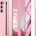 Case for Samsung Galaxy Z Fold 5 with Screen Protector ＆ Hinge Protection,Slim Fit Leather Protective Phone Cover with Writing Pen ＆S Pen Holder for Galaxy Z Fold 5,Pink