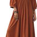 Celmia Autumn Solid Loose Long Maxi Dress Cotton Caftan (3XL, Puff Orange)