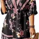 OYOANGLE Women's Plus Size Boho Floral Print High Waist V Neck Flared A Line Short Dress Black Floral ,SizeXL 