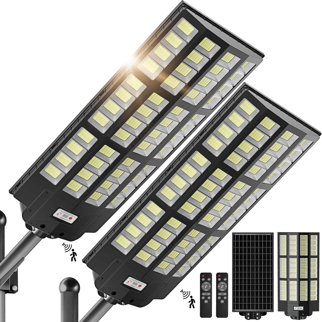 WYWNA 10000W Solar Street Lights Outdoor - Wide Angle Solar Lights Outdoor Motion Sensor, Commercial Parking Lot Light Dusk to Dawn, 7000K LED Street Light Heavy Duty IP66 Waterproof 2-Pack