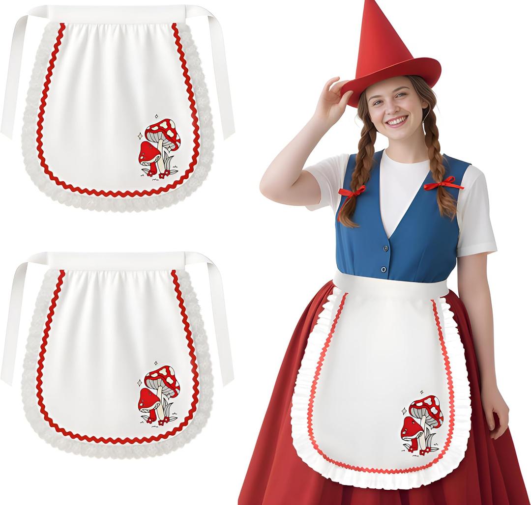 Shihanee 2 Pcs Women Garden Gnome Costume Apron Ms. Gnome Costume Apron Mushroom Cosplay Accessories for Halloween Cosplay Outfits