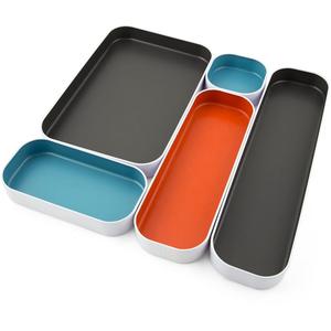 Three by Three Seattle 5 Piece Metal Organizer Tray Set for Storing Makeup, Stationery, Utensils, and More in Office Desk, Kitchen and Bathroom Drawers (1 Inch, Gray, Sky Blue, Orange)