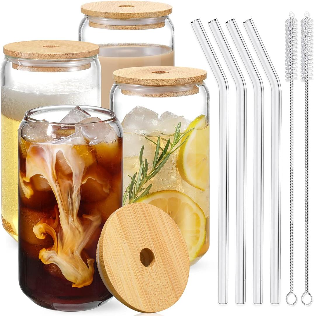 Drinking Glasses with Bamboo Lids and Glass Straw 4pcs Set - 16oz Glass Cups, Iced Coffee Glasses, Cute iced Tea Glasses, Beer Glasses, Ideal for Coffee Bar Accessories, Aesthetic Gift - 2 Brushes, 14 Piece Set