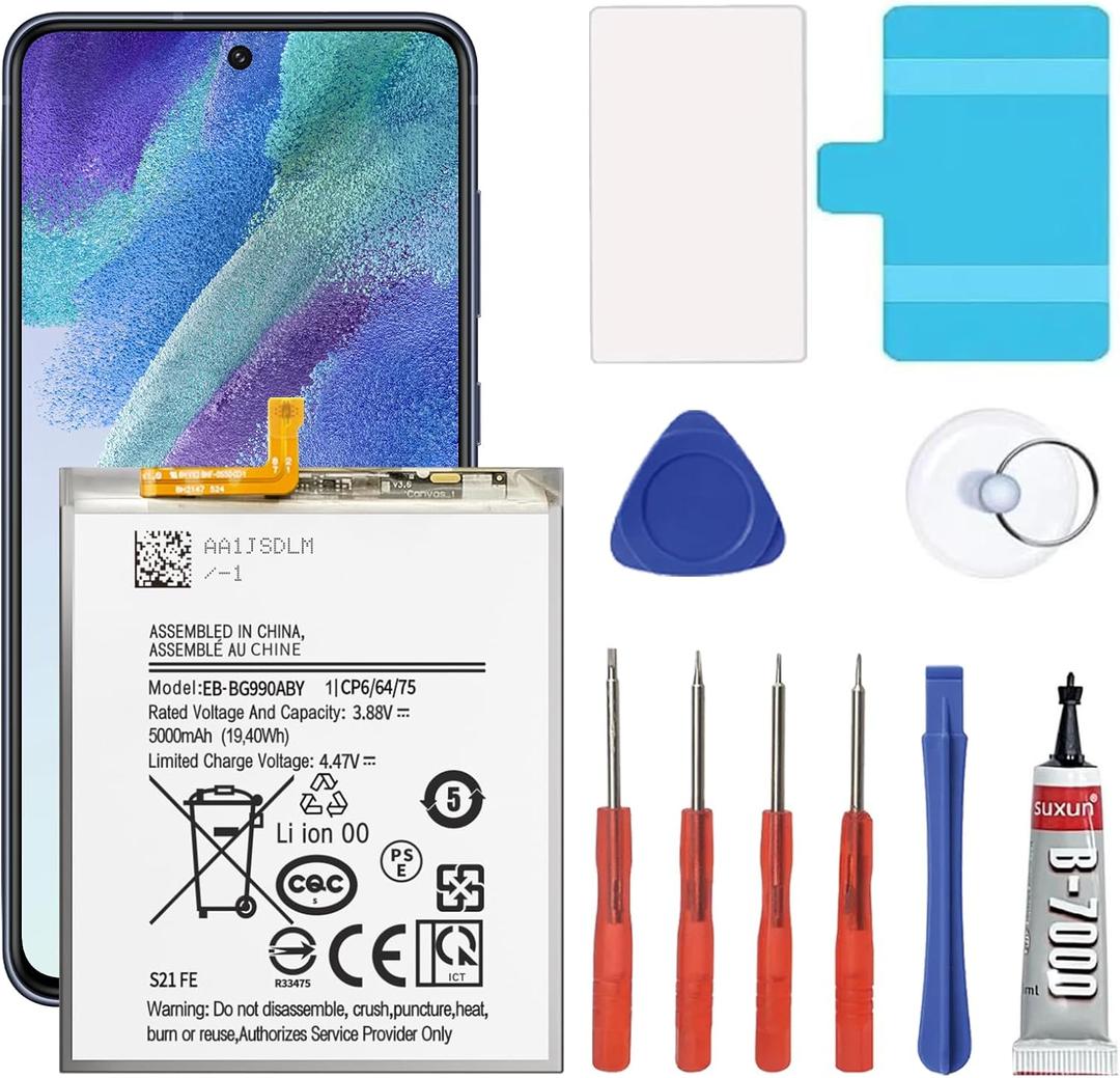 Galaxy S21 FE Battery,5000mAh EB-BG990ABY Replacement Battery for Samsung Galaxy S21 FE SM-G990U SM-G990B with Adhesive Tape Tool Repair Kit