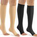 bropite Zipper Compression Socks Women & Men - 2Pairs Calf Knee High 15-20mmHg Open Toe Compression Stocking suit for Walking (Small-Medium, C-black/Nude)