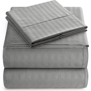 Queen Sheet Set - 4-Piece Striped Queen Size Bed Sheets - Soft & Cooling Deep Pocket Queen Bed Sheet Set - Wrinkle-Free Microfiber Bedding with 1 Fitted Sheet, 1 Flat Sheet, 2 Pillowcases (Grey)